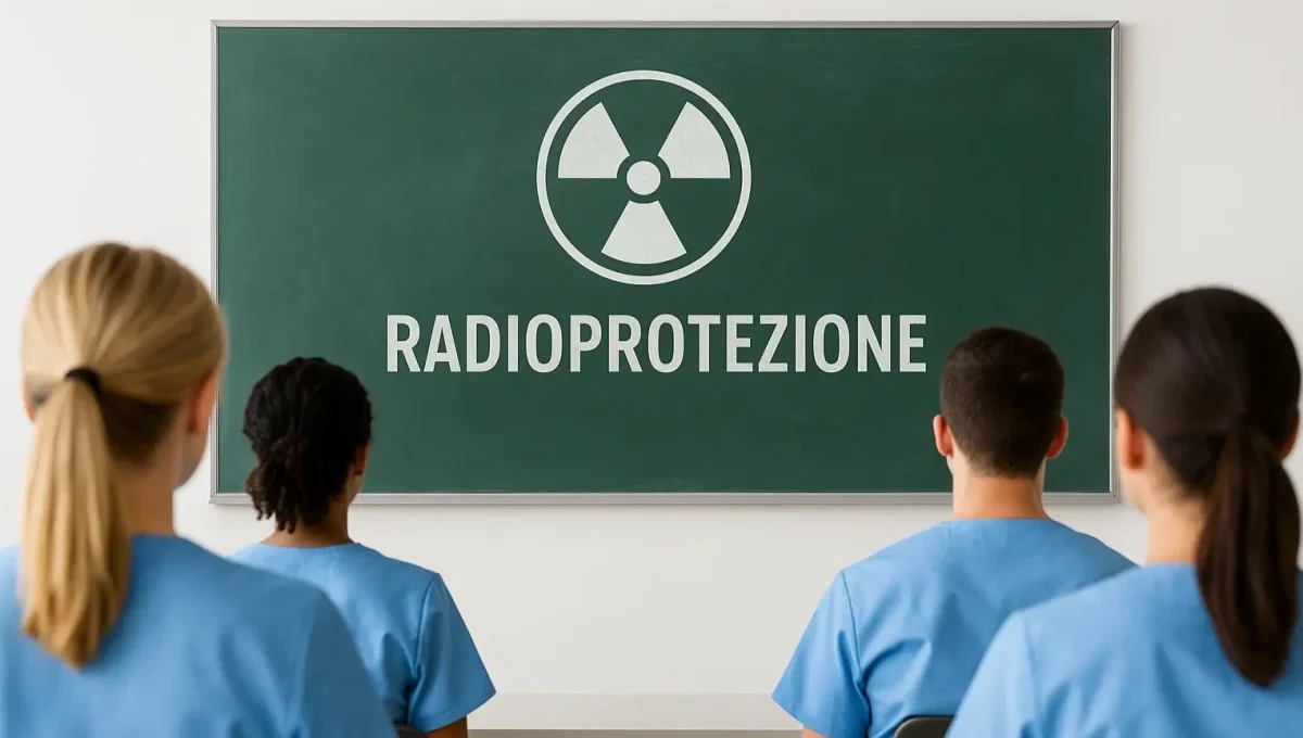 Infermieri in aula che guardano lavagna con scritto radioprotezione