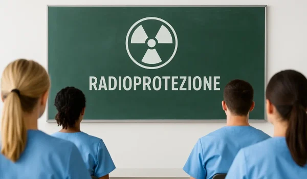 Infermieri in aula che guardano lavagna con scritto radioprotezione